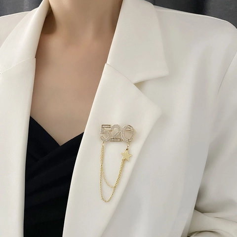 Eleganter Vergoldeter Kupfer Broschenstift Mit Zirkonia 520 Nummer Design Doppel Quastenkette Und Stern Anhänger Damen Mode