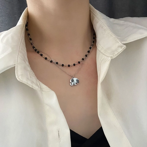 Gelaagde Ketting Van Roestvrij Staal Met Olifant Hanger Zwarte Kralen Vintage Minimalistische Stijl Vrouwen