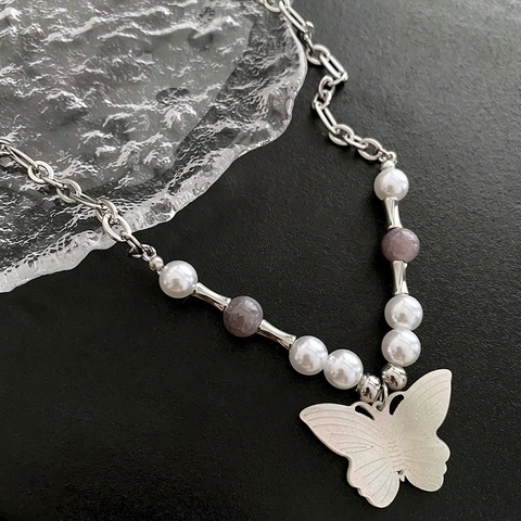Collana Pendente Farfalla Vintage Lega Argento Con Künstliche Perle Bianche Pietre Viola Gioielli Stile Cinese Per Donne
