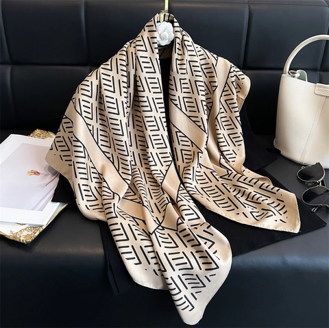 French Luxury Printed Satin Square Scarf For Women Elegant Geometric Pattern Bandana Fashion Twill Silky Headscarf Sun Protection Shawl