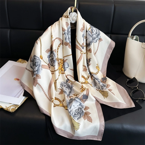 Elegant Satin Square Scarf Women Floral Rose Chain Print Silk Feeling Headwrap Shawl For Daily Office Travel Party Jewelry