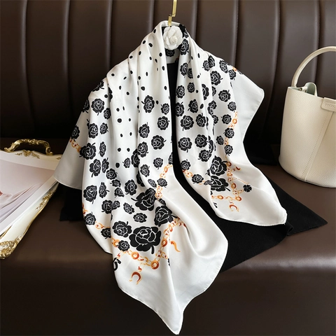 Women Elegant Square Scarf Polyester Satin Like Floral Print Polka Dot Chain Pattern Fashion Shawl Headwrap Accessory