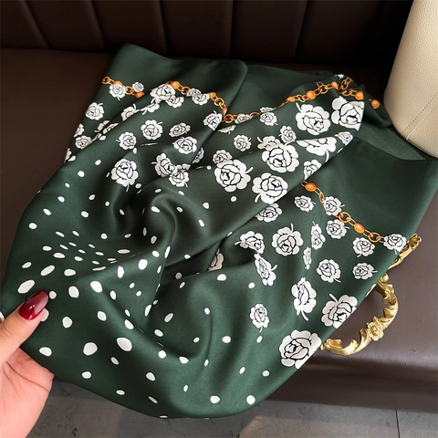 Women Elegant Square Scarf Polyester Satin Like Floral Print Polka Dot Chain Pattern Fashion Shawl Headwrap Accessory