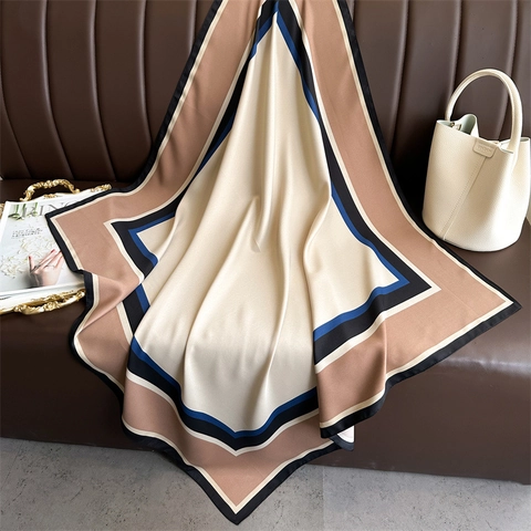 Elegant Geometric Color Block Square Satin Scarf Polyester Satin Twill Sun Protection Shawl For Women Fashionable Accessory