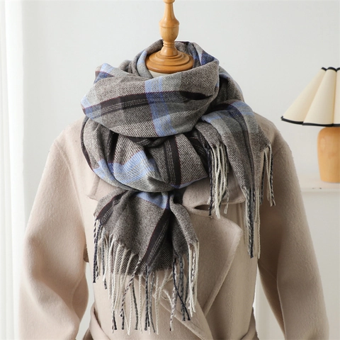 Plaid Scarf Soft Polyester Cashmere Like Warm Winter Large Shawl Tassel Fringe Versatile Fashion Women