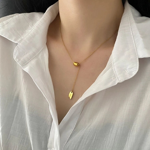 Collana Minimalista In Acciaio Inossidabile A Forma Di Y Per Donna Con Targhetta Lucky E Ciondolo A Chicco