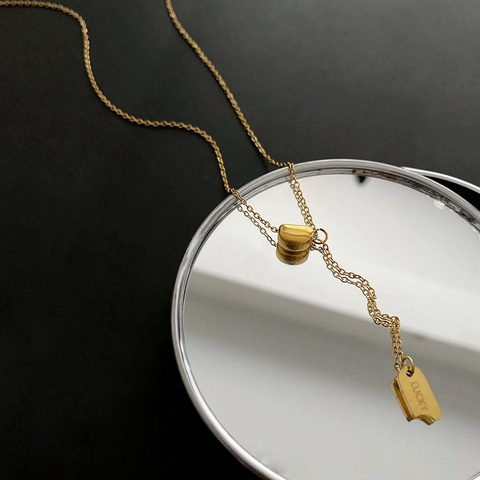 Collana Minimalista In Acciaio Inossidabile A Forma Di Y Per Donna Con Targhetta Lucky E Ciondolo A Chicco