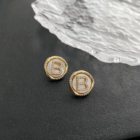 Round Letter B Stud Earrings With 925 Sterling Silver Earring Post Copper Shell Zircon Retro French Luxury For Women