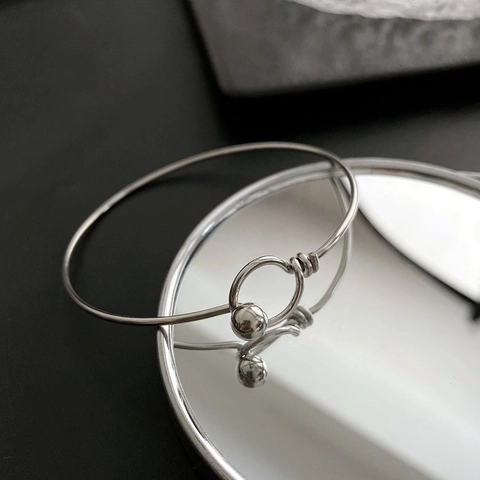 Minimalist Titanium Steel Bangle Bracelet Thin Wire Round Hook Ball Clasp Geometric Gold Silver Fashion Jewelry Gift