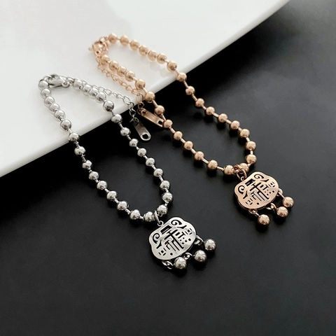 Retro Stainless Steel Bead Chain Bracelet With Lucky Lock Fu Pendant Adjustable Charm Jewelry For Women