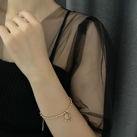 Retro Stainless Steel Bead Chain Bracelet With Lucky Lock Fu Pendant Adjustable Charm Jewelry For Women