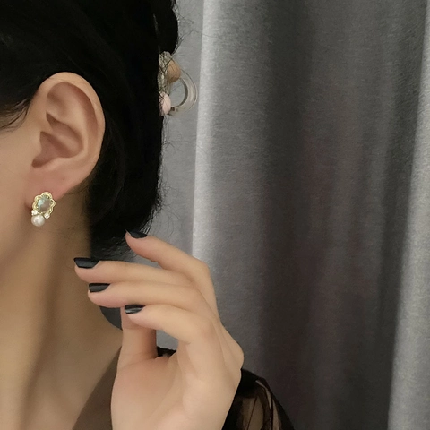 Franse Vintage Koperen Oorknopjes Met 925 Sterling Zilveren Oorbel Post Lichtblauwe Steen En Elegante Witte Kunstparel Voor Dames