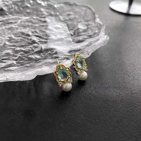 Franse Vintage Koperen Oorknopjes Met 925 Sterling Zilveren Oorbel Post Lichtblauwe Steen En Elegante Witte Kunstparel Voor Dames