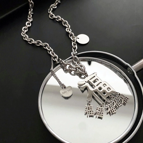 Fu Character Pendant Necklace Titanium Steel Thick O Chain Heart Tag Hip Hop Streetwear Punk Style Jewelry For Women Men