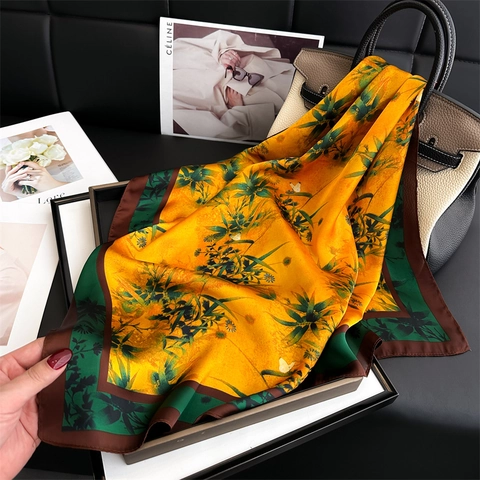Elegant Square Neck Scarf Satin Polyester Bamboo Print Chinese Ink Style Fashion Wrap For Women