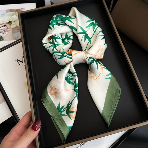Elegant Square Neck Scarf Satin Polyester Bamboo Print Chinese Ink Style Fashion Wrap For Women