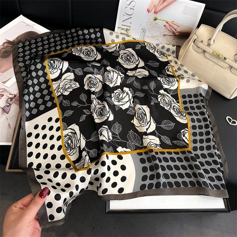 Foulard Carré Style Français Avec Imprimé Roses Et Pois Polyester Imitation Satin Écharpe De Cou Pour Femmes