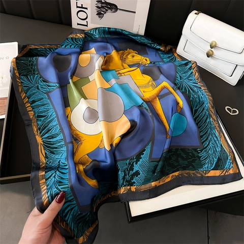 Women Luxury Satin Silk Like Square Scarf Equestrian Horse Print Shawl Elegant Fashion Neck Scarf Vintage Printed Foulard