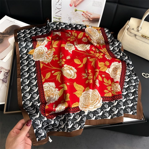 Rose Floral And Bird Print Faux Satin Square Scarf Vintage French Elegant Geometric Color Block Neck Head Kerchief
