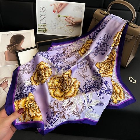 Elegant Peony Floral Print Satin Scarf For Women Chinese Style Retro Silk-Like Square Scarf Neck Wrap Daily Accessory