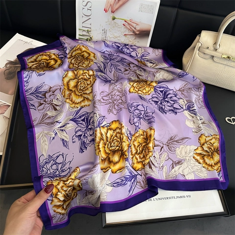 Elegant Peony Floral Print Satin Scarf For Women Chinese Style Retro Silk-Like Square Scarf Neck Wrap Daily Accessory