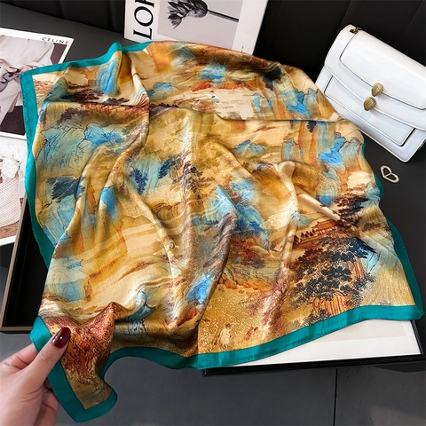 Sciarpa Quadrata In Raso Sintetica Motivo Paesaggio Cinese Pittura A Inchiostro Retro Elegante Per Donna