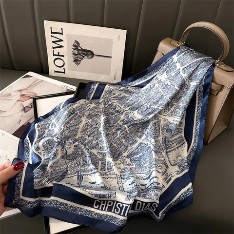 Elegant Satin Square Scarf For Women Vintage Map Floral Paisley Polka Dot Print Scarf Hair Neck Tie Bag Handle Wrap Fashion Accessories