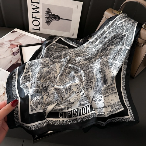Elegant Satin Square Scarf For Women Vintage Map Floral Paisley Polka Dot Print Scarf Hair Neck Tie Bag Handle Wrap Fashion Accessories