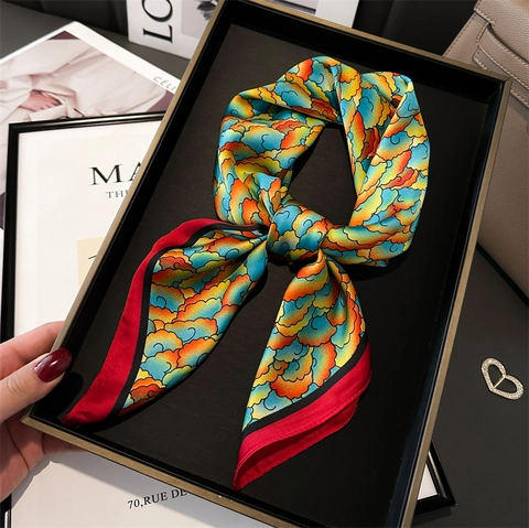 Retro Chinese Style Square Scarf Auspicious Clouds Palm Leaf Printed Satin Polyester Elegant Head Neck Wrap For Women
