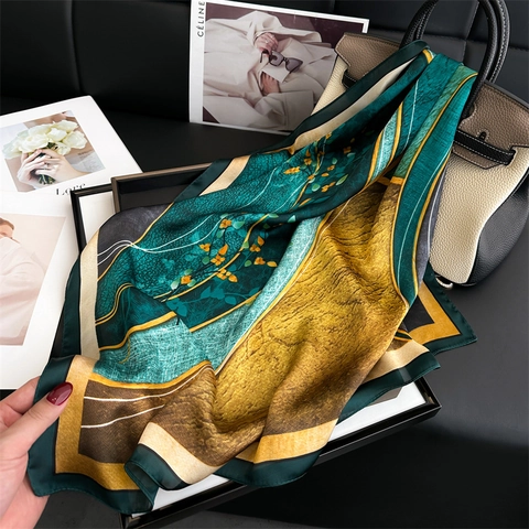 Carré De Satin Synthétique Vintage Imprimé Floral Abstrait Élégant Foulard En Polyester Couleur Contrastée Pour Femmes