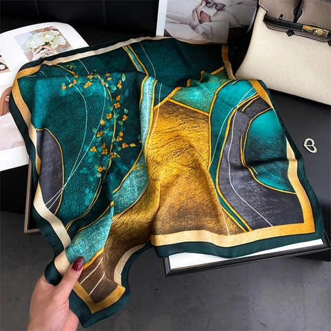 Carré De Satin Synthétique Vintage Imprimé Floral Abstrait Élégant Foulard En Polyester Couleur Contrastée Pour Femmes