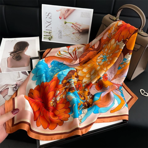 Floral Print Square Scarf Elegant Polyester Satin Simulated Satin Neck Head Wrap For Women