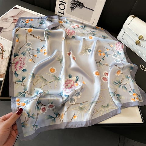 Elegant Floral Print Square Scarf Polyester Satin Retro Rose Peony Pattern Fashion Neck Scarf Bag Accessory For Women