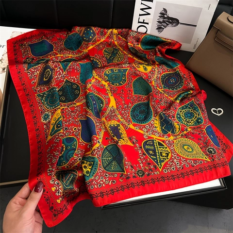 Vierkante Sjaal Polyester Satijn Satijn Paisley Etnische Print Hoofddoek Sjaal Vintage Boheemse Stijl Dames Mode Decor