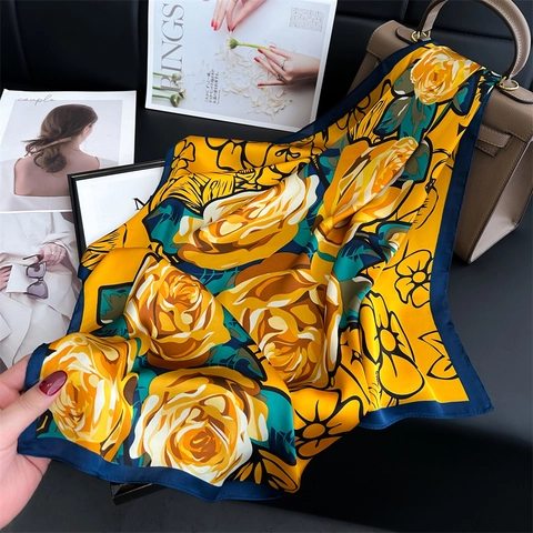 Elegant Rose Floral Print Square Scarf Women Faux Satin Satin Neck Head Wrap Sun Protection Accessory