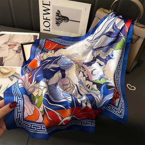 Floral Print Square Scarf Elegant Imitation Satin Neck Head Kerchief Women Soft Polyester Satin Shawl Fashion Accessories