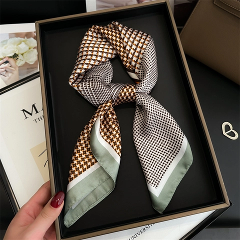 Carré De Satin Pour Femmes Écharpe Motif Pied De Poule Damier Polyester Satin Élégant Style Français Foulard