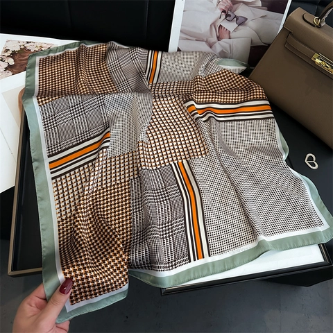 Carré De Satin Pour Femmes Écharpe Motif Pied De Poule Damier Polyester Satin Élégant Style Français Foulard