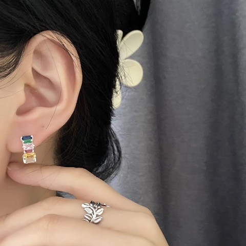 Bunte Creolen Mit Zirkonia Und 925 Sterling Silver Earring Post Kupfer Rechteckiger Edelstein Mode Für Damen