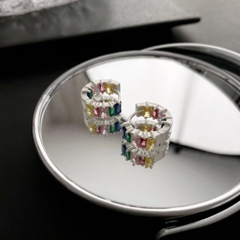 Bunte Creolen Mit Zirkonia Und 925 Sterling Silver Earring Post Kupfer Rechteckiger Edelstein Mode Für Damen