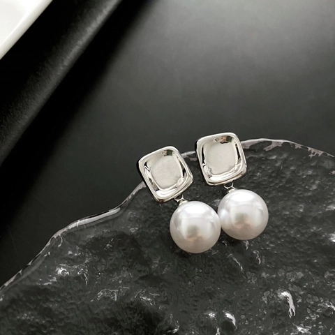 Geometric Square Drop Earrings With Imitation Artificial Pearl 925 Sterling Silver Earring Post Copper Luxury Jewelry For Women