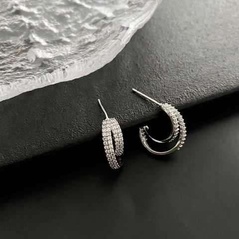 Intertwined Double Circle Zircon Paved Copper Hoop Earrings With 925 Sterling Silver Earring Post For Women Korean Style