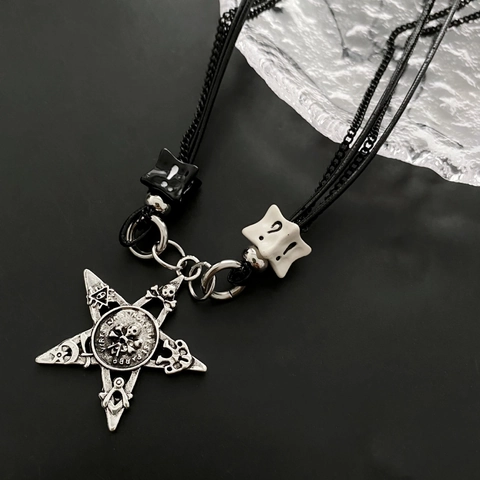 Alloy Pentagram Pendant Necklace With Black Rope Multi Layer Chain Gothic Punk Hip Hop Jewelry For Men And Women