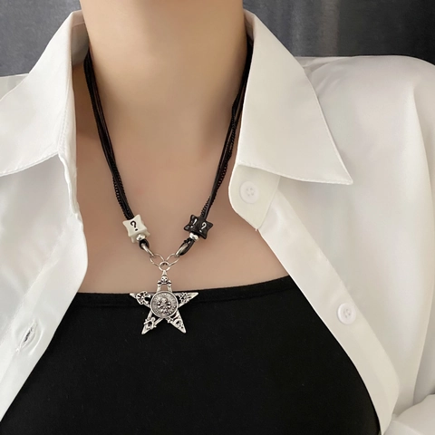 Alloy Pentagram Pendant Necklace With Black Rope Multi Layer Chain Gothic Punk Hip Hop Jewelry For Men And Women