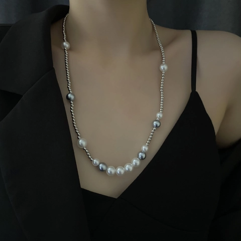 Collana In Acciaio Al Titanio Con Künstliche Perle Sintetiche Bianche Grigie Girocollo Geometrico Minimalista Per Uomo Donna