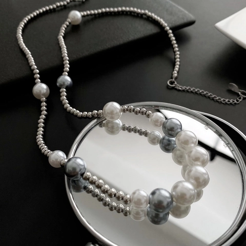Collana In Acciaio Al Titanio Con Künstliche Perle Sintetiche Bianche Grigie Girocollo Geometrico Minimalista Per Uomo Donna