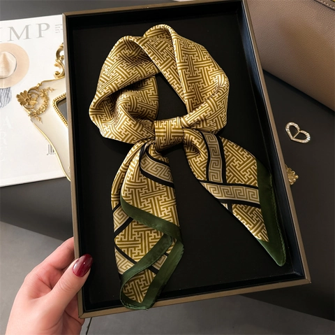 Elegant Square Scarf Luxury Satin Polyester Neckerchief With Geometric Maze Greek Key Pattern For Women Fashionable