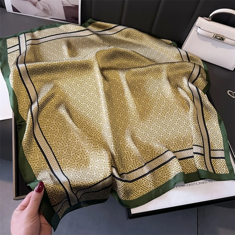 Elegant Square Scarf Luxury Satin Polyester Neckerchief With Geometric Maze Greek Key Pattern For Women Fashionable
