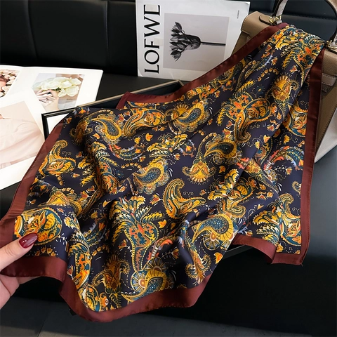 Vintage Ethnic Paisley Print Satin Square Scarf For Women Bohemian Silky Feeling Decorative Neck Scarf Head Scarf Handkerchief