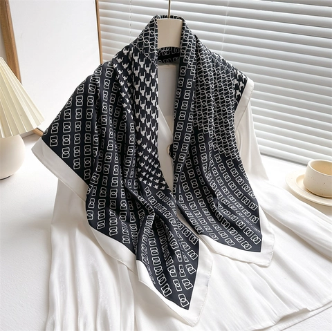 Houndstooth Geometric Chain Print Square Scarf Elegant Twill Satin Satin-Like Shawl Wrap Professional Accessory For Women